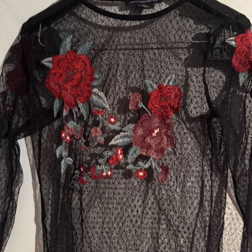 Y2K American Eagle Small Sheer Mesh Top Lettuce Trim Floral Whimsigoth Witchy - Picture 2 of 4
